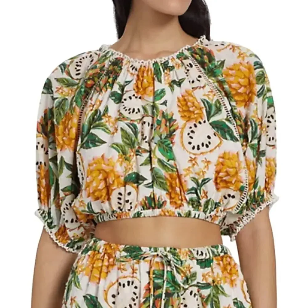 Farm Rio Biriba Fruit Puff-Sleeve Crop Top in Off White, Size S